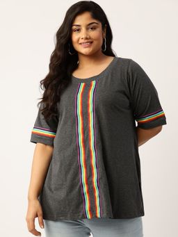 theRebelinme - Plus Size Womens Charcoal Grey Solid Color with Striped Detail Cotton T Shirt