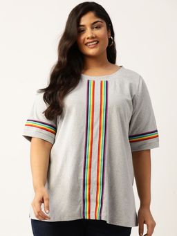 theRebelinme - Plus Size Womens Light Grey Solid Color with Striped Detail Cotton T Shirt