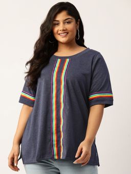 theRebelinme - Plus Size Womens Melange Blue Solid Color with Striped Detail Cotton T Shirt