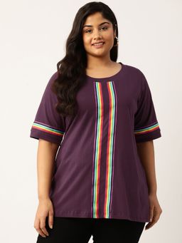 theRebelinme - Plus Size Womens Purple Solid Color with Striped Detail Cotton T Shirt