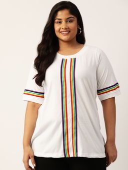 theRebelinme - Plus Size Womens White Solid Color with Striped Detail Cotton T Shirt