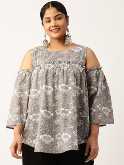 theRebelinme - Plus Size Womens Grey Monotone Floral Print Cotton Longline Top