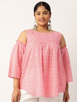 theRebelinme - Plus Size Womens Pink Floral Print Cotton Longline Top