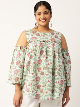 theRebelinme - Plus Size Womens Sea Green Floral Print Cotton Longline Top