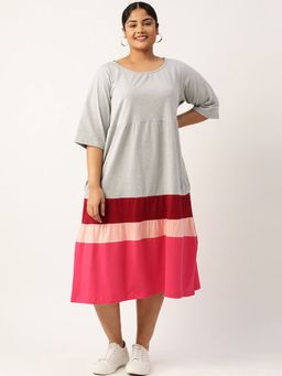 theRebelinme - Plus Size Womens Light Grey Colourblocked A Line Midi Cotton Dress