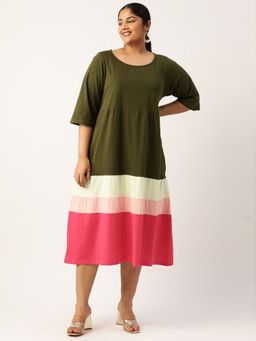 theRebelinme - Plus Size Womens Olive Colourblocked A Line Midi Cotton Dress
