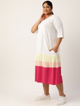 theRebelinme - Plus Size Womens White Colourblocked A Line Midi Cotton Dress