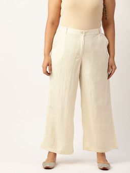 theRebelinme - Plus Size Womens Natural Solid Color Knitted High Rise Linen Trouser