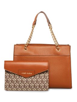 Anne Klein - Brown Solid Shoulder Bag with Detachable Pouch and Strap