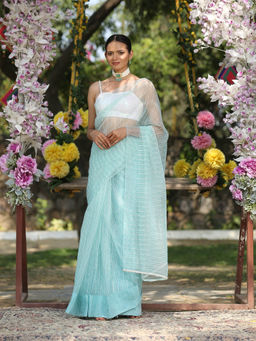 Swtantra - Blue Sparkle Saree with Sequined Lace Without Blouse