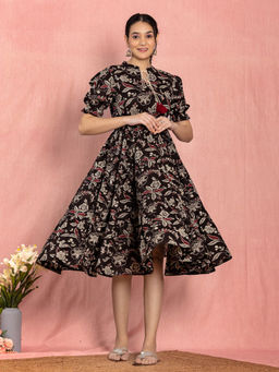 Kasya - Black Cotton Floral Print Tiered Dress