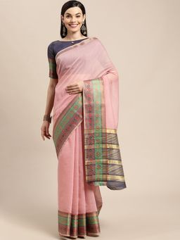 VAIRAGEE - Pink and Green Borders Saree with Unstitched Blouse