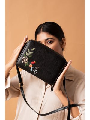 Buy Miri Black Hand Embroidered Mukaish Art Silver Rose Sling Bag