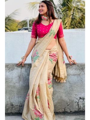Women cream linen cotton weaving wedding wear saree main image 1