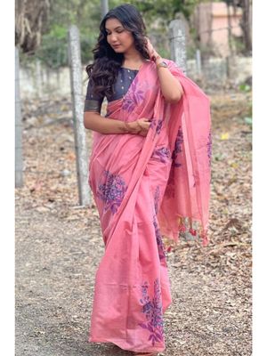 Pink Printed Cotton Blend Saree With Unstitched Blouse Piece