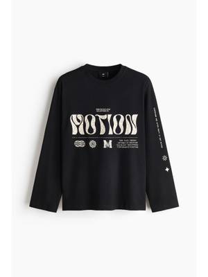 Buy H&M Men Black Regular Fit Printed Long-Sleeved Cotton T-Shirt (S) - Image 1