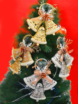 Tayhaa - Gold & Silver Whimsical Hanging Half Jingle Bells (Pack Of 4)