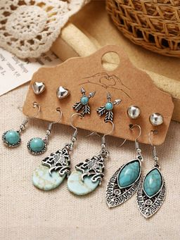 Yellow Chimes - Set of 6 pairs Blue Stone Studded Stud and Tear Drop Silver Plated Earrings