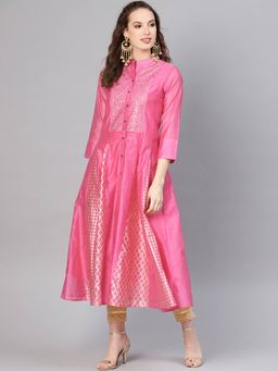 Juniper - Fuchsia Ethnic Motif Printed Chanderi Embellished Anarkali Women Kurta