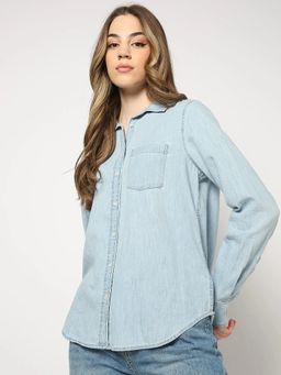 GAP - Women Blue Collar Neck Full Sleeves Shirt