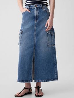 GAP - Women Solid Mid Waist Denim Blue Maxi Skirt