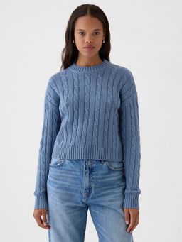 GAP - Women Blue Cable Knit Crew Neck Full Sleeves Pullover Sweater