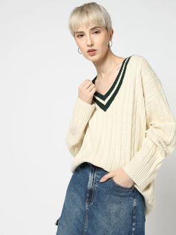 GAP - Women Cream Cable Knit Longline V Neck Full Sleeves Sweater