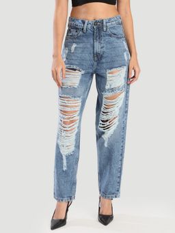 Bene Kleed - Women Carrot Fit Heavy Distress Blue Jeans
