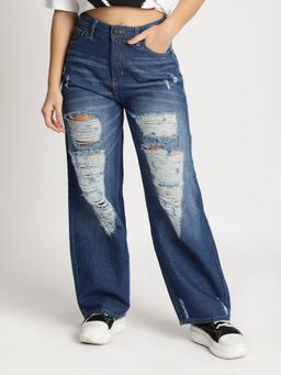 Bene Kleed - Women Heavy Distress Baggy Blue Jeans