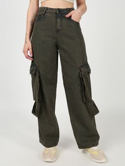 Bene Kleed - Women Relax Fit Tinted Eyelet Denim Green Jeans