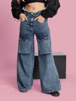 Bene Kleed - Women Wide Leg Tinted Sustainable Cargo Blue Jeans
