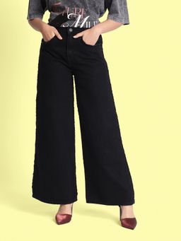 Bene Kleed - Women Wide Leg Fraying Black Jeans