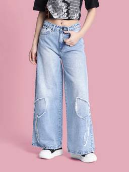 Bene Kleed - Women Wide Leg Bow Applique Blue Jeans