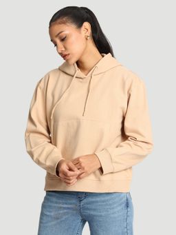 Bene Kleed - Women Beige Relax Fit Kangaroo Pocket Hoodie