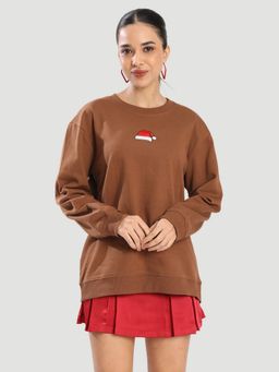 Bene Kleed - Women Brown Embroidered Relaxed Fit Fleece Sweatshirt