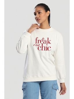 Bene Kleed - Women White Relax Fit Typography Printed Pullover Sweatshirt