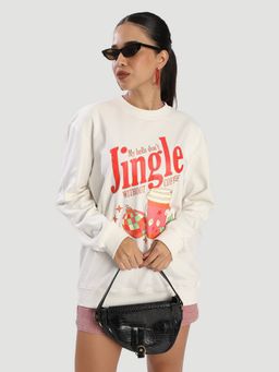 Bene Kleed - Women White Relaxed Fit Fleece Graphic Printed Sweatshirt