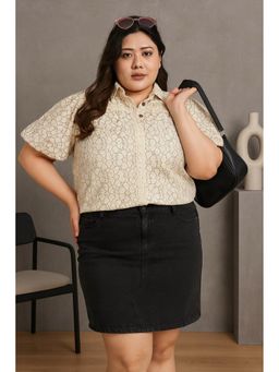 CURVES BY TULSATTVA - Beige Schiffli Lantern Half Sleeve Shirt