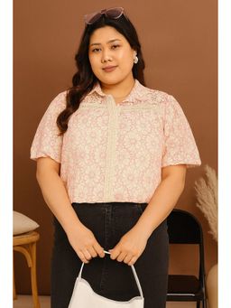CURVES BY TULSATTVA - Pink Schiffli Lantern Half Sleeve Shirt