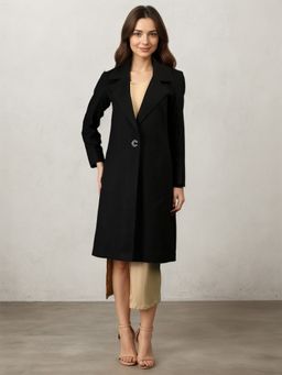 CHKOKKO - Women Black Stylish Single Breasted Notched Lapel Overcoat