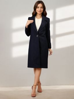 CHKOKKO - Women Navy Stylish Single Breasted Notched Lapel Overcoat