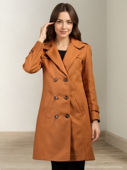 CHKOKKO - Women Brown Classic Long Double Breasted Spread Collar Overcoat