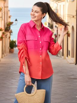 Uptownie - Ruched Tie-Up Sleeves Linen Pink Shirt