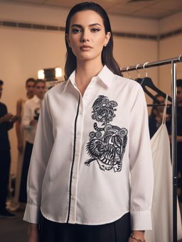 Uptownie - Embroidered Contrast Lace Detailing Linen White Shirt