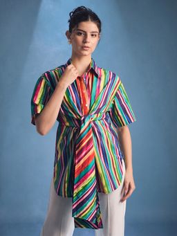 Uptownie - Front Tie-Up Cotton Multi-Coloured Shirt