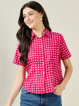 Uptownie - Cotton Half Sleeve Fitted Pink Shirt