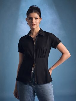 Uptownie - Zip-Through Fitted Cotton Black Shirt Top