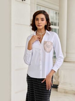 Dareiss - White Pocketed Aura Classic White French Lace Cotton Shirt