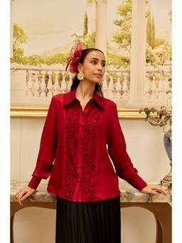 Dareiss - Red Amulet Cherry French Lace Panel Hand Embellished Twill Silk Shirt