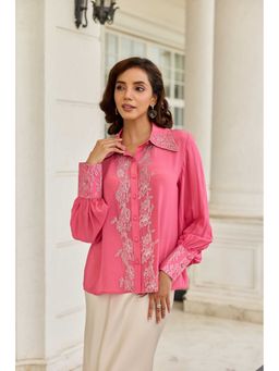 Dareiss - Pink Thistle Fuchsia Cutdana Embroidery French Lace Shirt